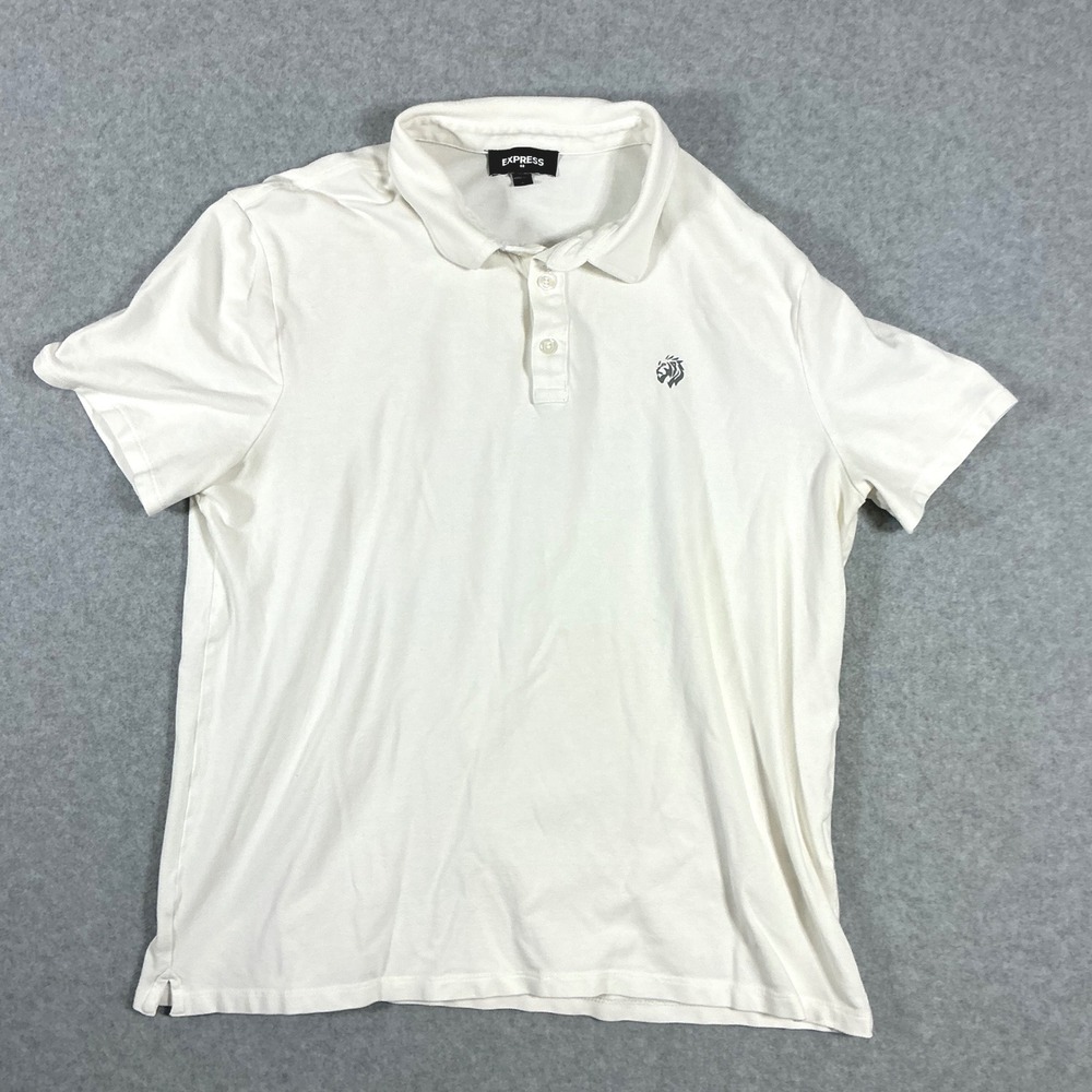 Express Mens White Pique Polo Shirt Short Sleeve Lion Logo Size L